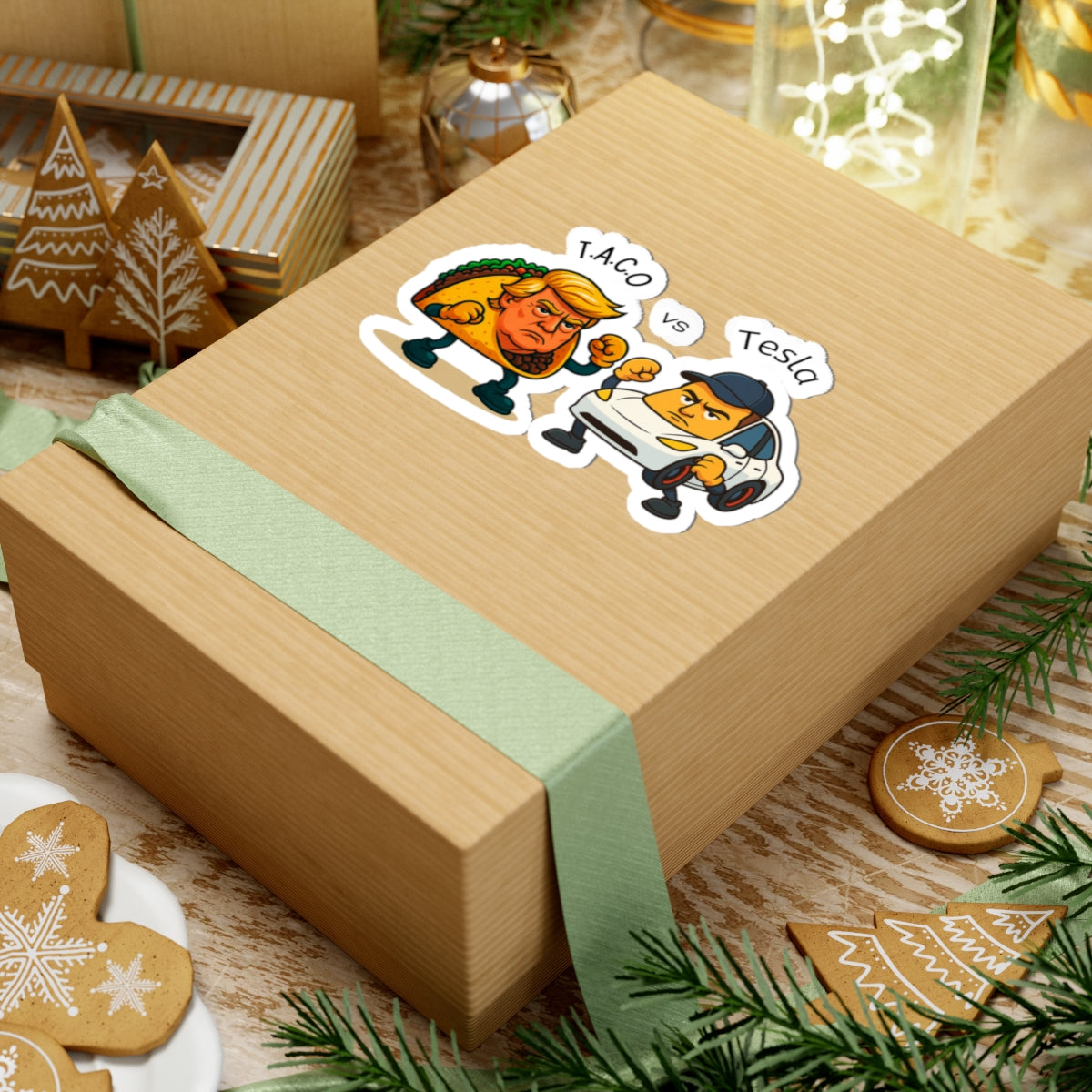 Funny Taco vs Tesla Kiss-Cut Stickers, Humorous Laptop Decals, Gift for Food Lovers, Political Humor, Car Enthusiasts
