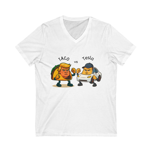 Playful Political Tee - Taco vs Tesla, Humor Shirt for Election Supporters, Gift for Friends, Protest Wear, Unisex V-Neck